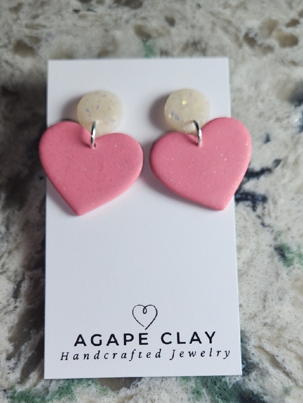 Pink Heart Drop Earrings with Cream Glitter Studs